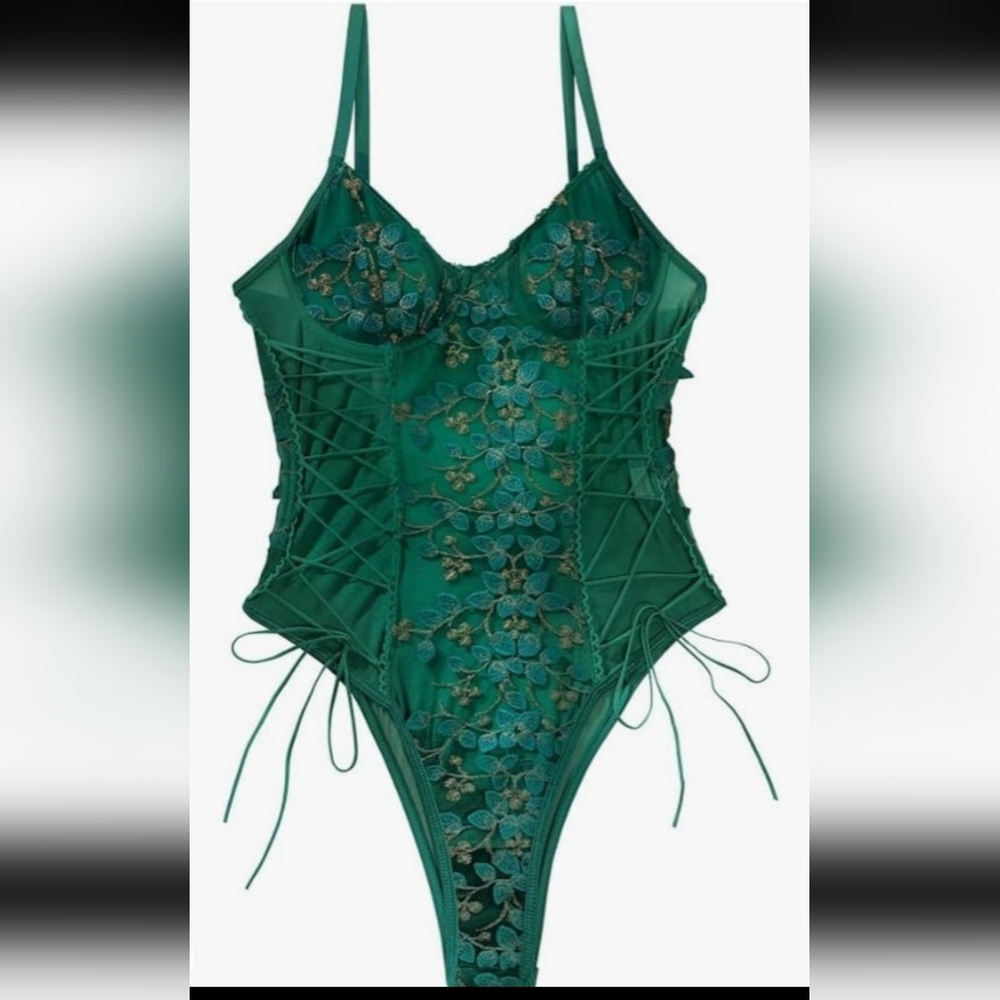Lilosy Women Sexy Lace Up Floral Embroidered Teddy Lingerie Bodysuit Top Mesh
